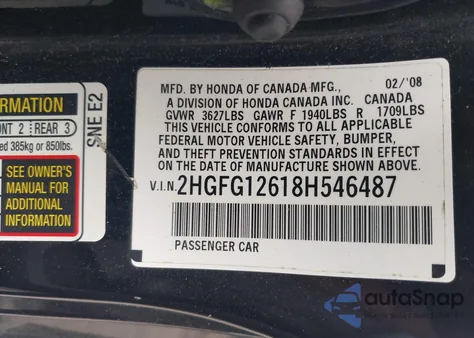 2008 Honda Civic Lx из США, поврежденный, VIN 2HGFG12618H546487